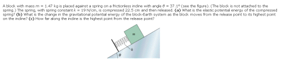 A block with mass m = 1.47 kg is placed against a spring on a frictionless incline with angle 0 = 37.10 (see the figure). (Th