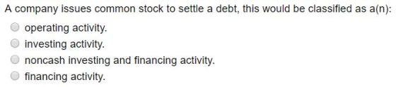 A company issues common stock to settle a debt, this would be classified as a(n): Ooperating activity. O investing activity. O noncash investing and financing activity. financing activity