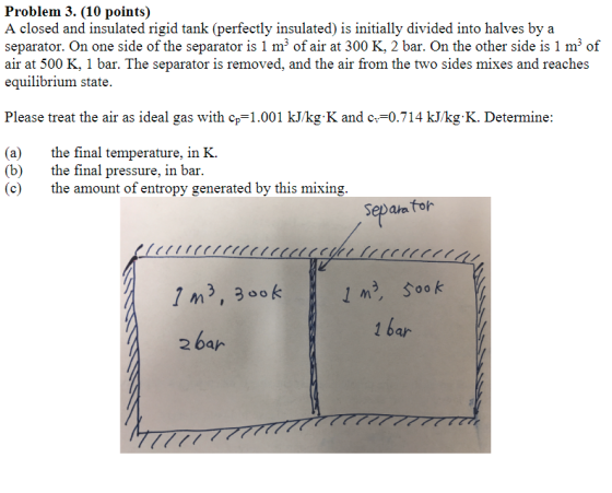 Problem 3. (10 points) A closed and insulated rigid tank (perfectly insulated) is initially divided into halves by a separator. On one side of the separator is 1 m of air at 300 K, 2 bar. On the other side is 1 m of air at 500 K, 1 bar. The separator is removed, and the air from the two sides mixes and reaches equilibrium state Please treat the air as ideal gas with cp-1.001 kJ/kg K and c0.714 kJ/kg K. Determine: (a) (b) (c) the final temperature, in K. the final pressure, in bar. the amount of entropy generated by this mixing. Separa tor o 0 ar 2 bah