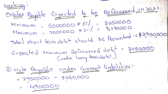 Minimum 3050000 - 2000 Maximom working Onetes Payable Expected to be refoonced-in 2021 5000000 * 677 7000000 * 61% Total shor