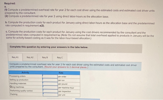 Required: a. (1) Compute a predetermined overhead rate for year 2 for each cost driver using the estimated costs and estimate