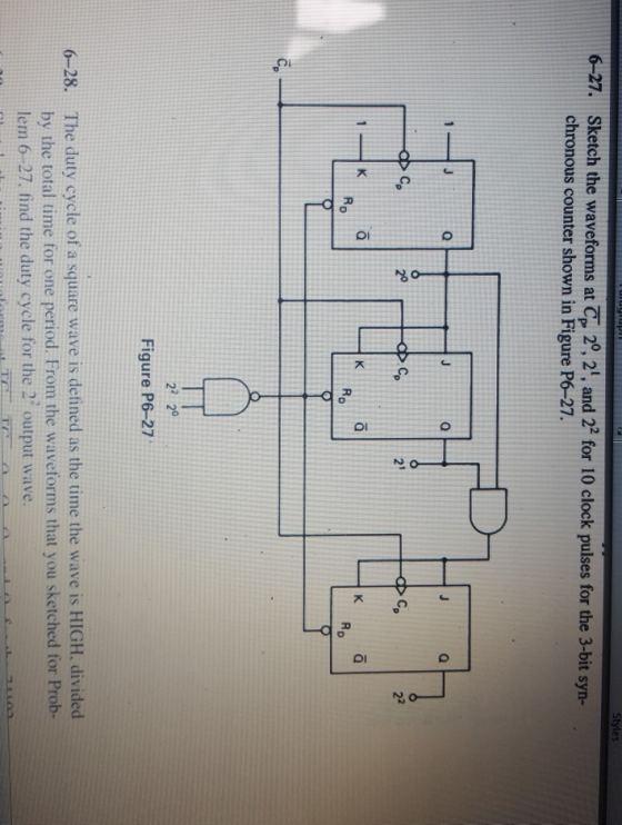 Sketch the waveforms at Cp 20, 2, and 22 for 10 clock pulses for the 3-bit syn- chronous counter shown in Figure P6-27. 6-27
