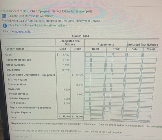 The worksheet of Best Jobs Employment Service follows but is incomplete. Click the icon the view the worksheet.) The followin