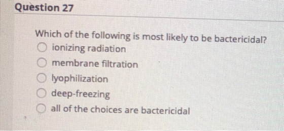 Question 27 Which of the following is most likely to be bactericidal? ionizing radiation O membrane filtration lyophilization