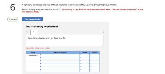 A company purchases one year of flood insurance in advance on May 1, paying $48.000 ($4,000/month). Record the adjusting entr