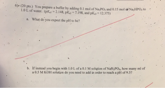 6+ (20 pts.) You prepare a buffer by ading 0.I mol of Na,PO, and 0.15 mol of NaJHPO, to 1.0 L of water. (pKal-2.148, pk, 7.19