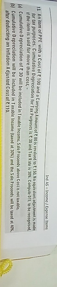 Ind AS-Income Expense Items PE with a Cost of . An item of P 100 and a carrying Amount of 80 is revalued toて150. No equ or tax purposes, cumulativeDepreciaton for Tax Purposes is if the item is sold for more than cost - ivalent adjus tment is made 30 and Tax Rate is 30%. Compute DTL to be recognised e) Cumufative Depreciation of 30 (b) Cumulative Depreciation will be included in Taxable Income (taxed at 30%) and the Sale Proceeds will be taxed at 40%. 0 will be included in Taxable Income. Sale Proceeds above Costis not taxable after deducting an Inflation A djusted Cost of 110