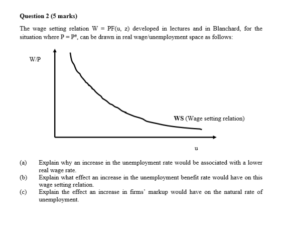 Question 2 (5 marks) The wage setting relation W = PF(u, z) developed in lectures and in Blanchard, for the situation where P