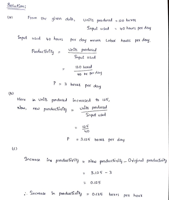 Solutim: (a) from the given data, units produced = 120 boxes Input used = 40 hours per day Input used 40 hours per day means