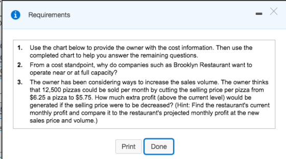 Requirements 1 1. Use the chart below to provide the owner with the cost information. Then use the completed chart to help you answer the remaining questions. From a cost standpoint, why do compan operate near or at full capacity? The owner has been considering ways to increase the sales volume. The owner thinks that 12,500 pizzas could be sold per month by cutting the selling price per pizza from $6.25 a pizza to $5.75. How much extra profit (above the current level) would be generated if the selling price were to be decreased? (Hint: Find the restaurants current monthly profit and compare it to the restaurants projected monthly profit at the new sales price and volume.) 2. such as Brooklyn Restaurant want to 3. Print Done