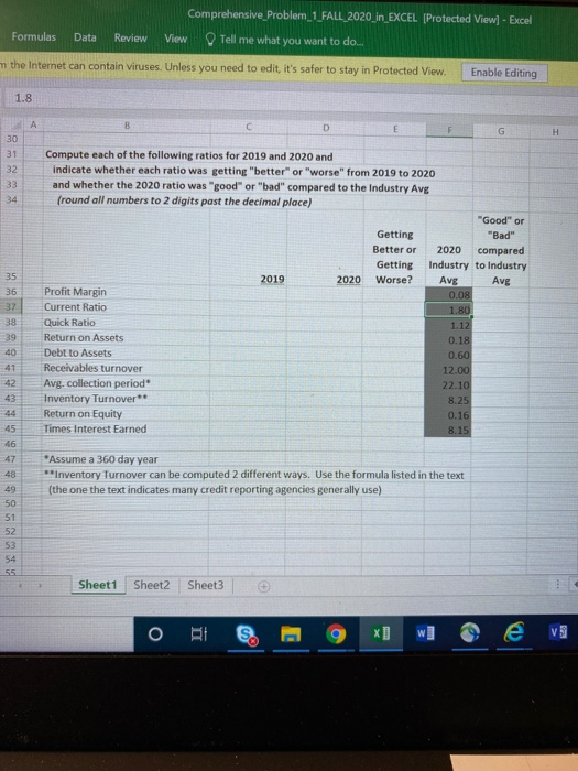 Comprehensive_Problem_1_FALL_2020_in_EXCEL (Protected View] - Excel Formulas Data Review View Tell me what you want to do...