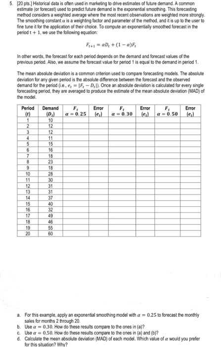 5. [20 pts] Historicall data is often used in marketing to drive estimates of future demand. A common estimate (or forecast) used to predict future demand is the exponential smoothing. This forecasting method considers a weighted average where the most recent observations are weighted more strongly The smoothing constant α is a weighting factor and parameter of the method, and it is up to the user to fine tune it for the application of their choice. To compute an exponentially smoothed forecast in the period t 1, we use the following equation: In other words, the forecast for each period depends on the demand and forecast values of the previous period. Also, we assume the forecast value for period 1 is equal to the demand in period 1 The mean absolute deviation is a common criterion used to compare forecasting models. The absolute deviation for any given peniod is the absolute difference between the forecast and the observed demand for the period (ie, eFt-Del). Once an absolute deviation is calculated for every single forecasting period, they are averaged to produce the estimate of the mean absolute deviation (MAD) of the model. Period Demand Error (et) Error Error 0.50 | (et) α-0.25 | | α-0.30 15 23 10 32 20 a. For this example, apply an exponental smoothing model with a0.25 to forecast the monthly sales for months 2 through 20 b. Use a0.30. How do these results compare to the ones in (a)? c. Use a0.50. How do these results compare to the ones in (a) and (b)? d. Calculate the mean absolute deviation (MAD) of each model. Which value of a would you prefer for this situation? Why?