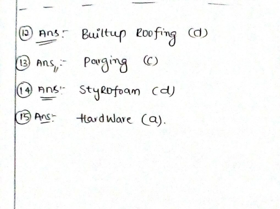 (12) Ans. Builtup Roofing (d) (13) Ans Parging (6) Styrofoam (d) (14) ANS (15) Ans- Hardware (a).
