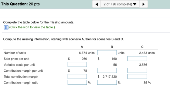 This Question: 20 pts 2 of 7 (6 complete) Complete the table below for the missing amounts. |(Click the icon to view the tabl