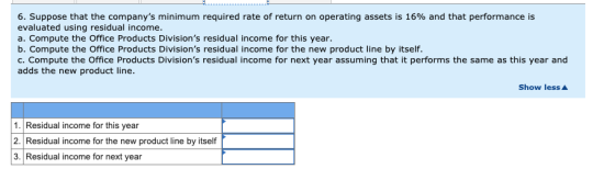 6. Suppose that the companys minimum required rate of return on operating assets is 16% and that performance is evaluated us