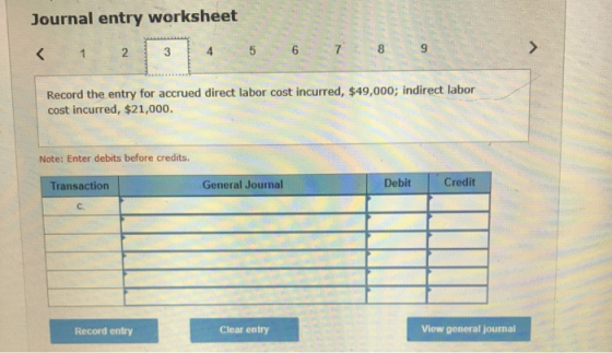 Journal entry worksheet < 1 2 3 4 5 Record the entry for accrued direct labor cost incurred, $49,000; indirect labor cost inc