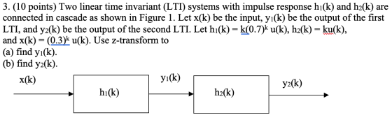 3. (10 points) Two linear time invariant (LTI) systems with impulse response hi(k) and h2(k) are connected in cascade as show