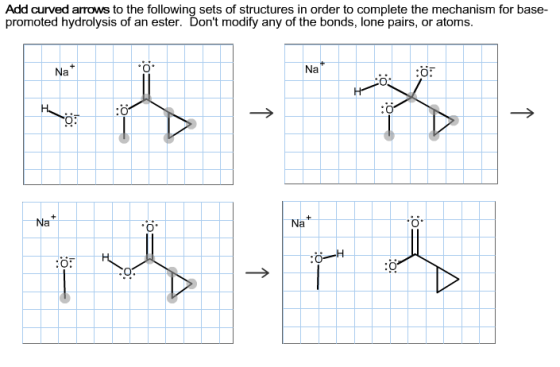 Add curved arrows to the following sets of structures in order to complete the mechanism for base- promoted hydrolysis of an