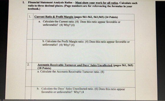 Financial Statement Analysis Ratios -Must show your work for all ratios. Calculate each ratio to three declmal places. (Page