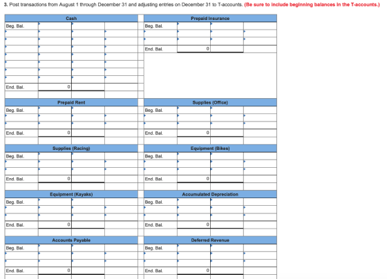 3. Post transactions from August 1 through December 31 and adjusting entries on December 31 to T-accounts. (Be sure to include beginning balances in the T-accounts.) Cash Prepaid Insurance Beg. Bal Beg. Bal End. Bal 0 End. Bal 0 Prepaid Rent Supplies (Office) Beg. Bal Beg. Bal End. Bal 0 End. Bal Supplies (Racing) Equipment (Bikes) Beg. Bal Beg. Bal End. Bal 0 End. Bal 0 Equipment (Kayaks) Accumulated Depreciation Beg. Bal Beg. Bal End. Bal End. Bal Accounts Payable Deferred Revenue Beg. Bal Beg. Bal End. Bal 0 End. Bal 0