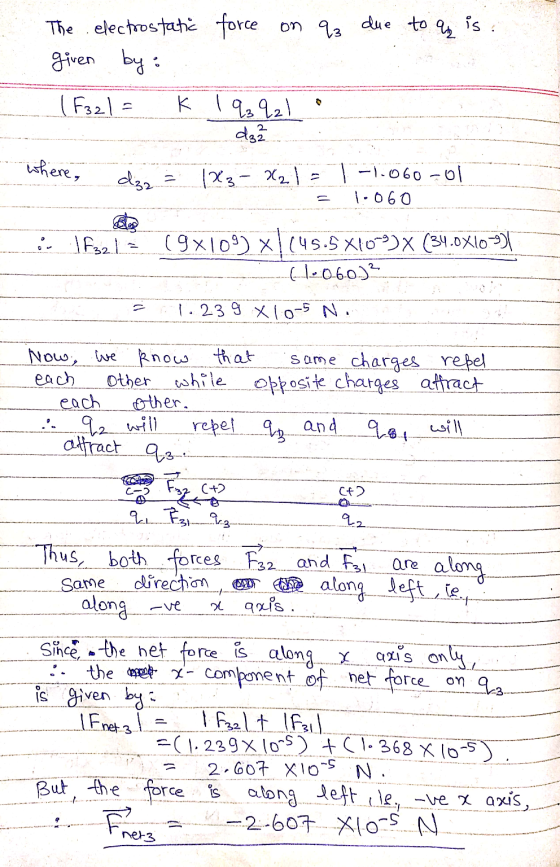 The electrostatic force on qa due to a is. given by : (F3zl = K 123921 - duž where, der = 1x₂-x21 = 1-1.060-01 = 1:060 is the