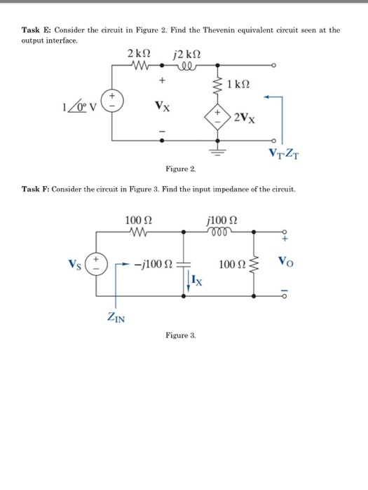 Task E: Consider the circuit in Figure 2. Find the Thevenin equivalent circuit seen at the output interface. VTZT Figure 2. Task F: Consider the circuit in Figure 3. Find the input impedance of the circuit. 100 ? j100 ? V. Vo ZIN Figure 3.