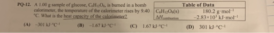 PQ-12. A 1.00 g sample of glucose, C H20. is burned in a bomb calorimeter, the temperature of the calorimeter rises by 9.40 C