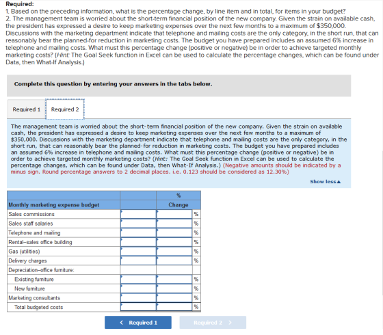 Required 1. Based on the preceding information, what is the percentage change, by line item and in total, for items in your b