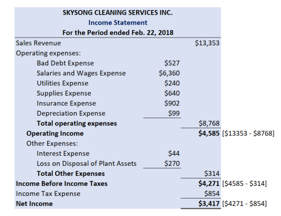 $13,353 SKYSONG CLEANING SERVICES INC. Income Statement For the Period ended Feb. 22, 2018 Sales Revenue Operating expenses: