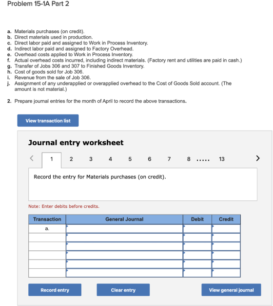 Problem 15-1A Part 2 a. Materials purchases (on credit). b. Direct materials used in production. c. Direct labor paid and ass