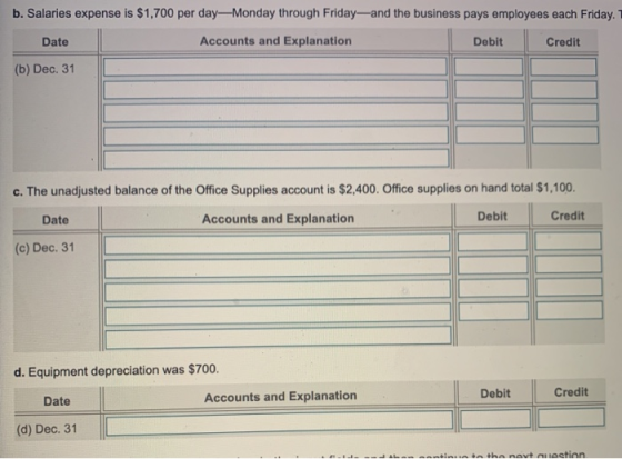 b. Salaries expense is $1,700 per day—Monday through Friday—and the business pays employees each Friday. Date Accounts and Ex
