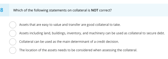 Which of the following statements on collateral is NOT correct? Assets that are easy to value and transfer are good collatera