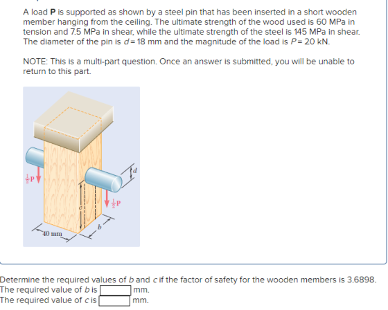 A load P is supported as shown by a steel pin that has been inserted in a short wooden member hanging from the ceiling. The u