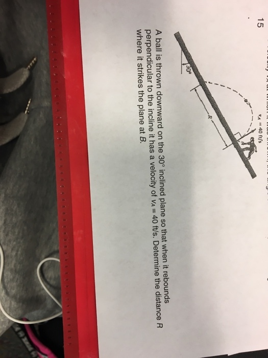 15 vA 40 ftfs A ball is thrown downward on the 30° inclined plane so that when it rebounds perpendicular to the incline it has a velocity of VA 40 ft/s. Determine the distance R where it strikes the plane at B