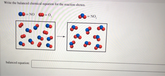 Write the balanced chemical equation for the reaction shown. = NO = =NO, balanced equation: