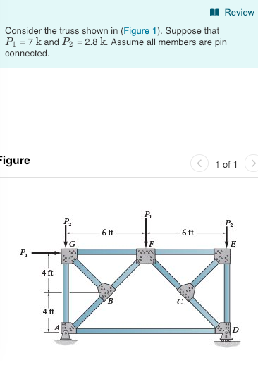 Review Consider the truss shown in (Figure 1). Suppose that P1-7 k and P2-2.8 k. Assume all members are pin connected gure く