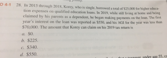 0 4-1 Jury. 28. In 2015 through 2018, Korey, who is single, borrowed a total of $25,000 for higher educa- tion expenses on qu