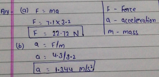 TE-Force la acceleration Im-mass Ant (al F = mg F = 7.1 x 3-2 F = 22.72 NI (6) a=flm a = 4.3/3-2 a = 4.344 m/s)