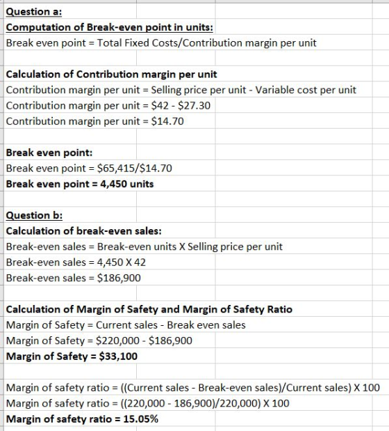 Question a: Computation of Break-even point in units: Break even point = Total Fixed Costs/Contribution margin per unit Calcu