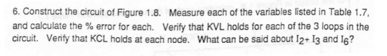 6. Construct the circuit of Figure 1.8. Measure each of the variables listed in Table 1.7, and calculate the % error for each