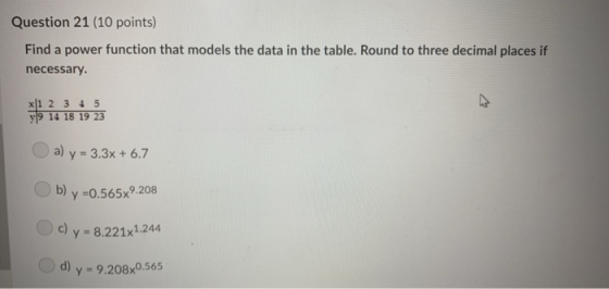 Question 21 (10 points) Find a power function that models the data in the table. Round to three decimal places if necessary 지
