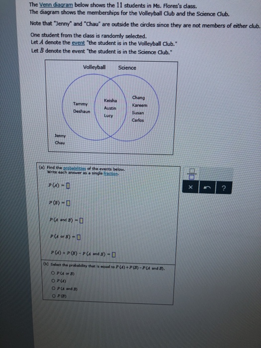 The Venn diagram below shows the 11 students in Ms. Floress dass. The diagram shows the memberships for the Volleyball Club and the Science Club. Note that Jenny and Chau are outside the airdes since they are not members of either club. One student from the class is randomly selected Let A denote the event the student is in the Volleyball Club. Let B denote the event the student is in the Science Oub. VolleyballScience eisha Chang Kareern Tammy AustinSusan Deshaun Carlos Jenny Chau (a) Find the prababilities of the events below. Write each answer as a single frastien- P(A) D P (A and B) -D P( or B) D P(A)+P(B)- P(4 and B)- (b) Select the probability that is equal to P(A)+P (B)-PA and B). O P (A or B)