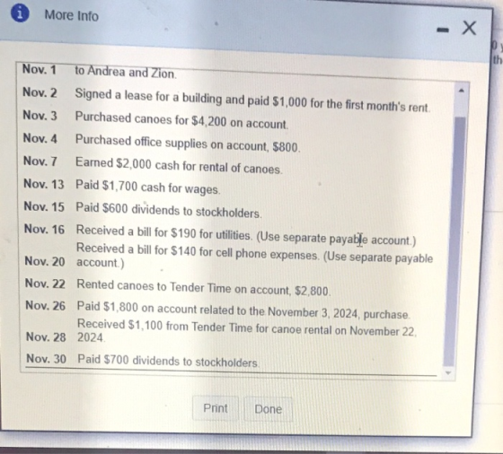 More Info Х D th Nov. 1 to Andrea and Zion. Nov. 2 Signed a lease for a building and paid $1,000 for the first months rent N