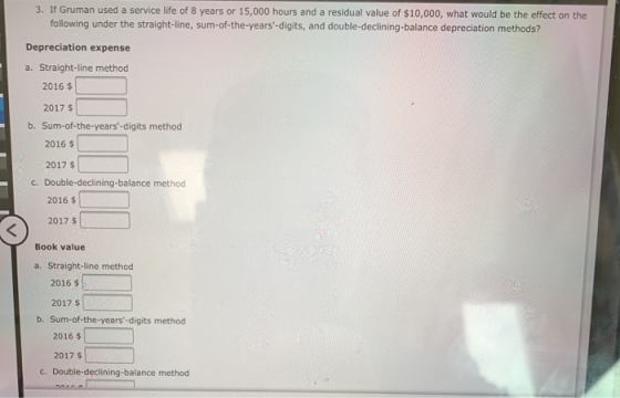 3. If Gruman used a service life of 8 years or 15,000 hours and a residual value of $10,000, what would be the effect on the