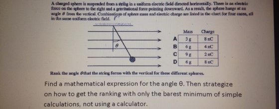 Image for A charged sphere is suspended from a string in a uniform electric field directed horizontally. There is an ele