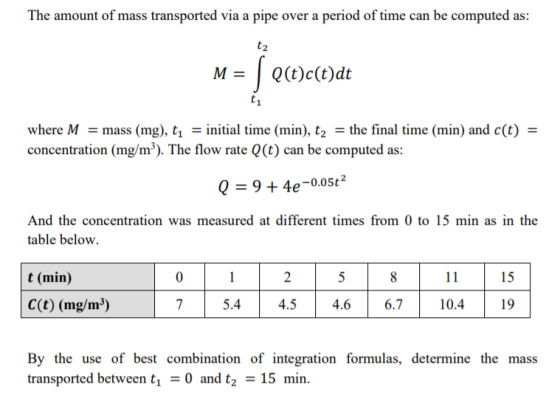 The amount of mass transported via a pipe over a period of time can be computed as: t2 M= 268)c(e)dt where M = mass (mg), tı