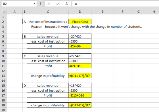 | x fc A ДА В с р E F G H A the cost of instruction is a Fixed Cost Reason-because it wont change with the change in number