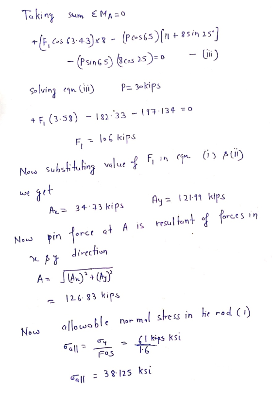 Taking sum EMA=O +{F, COS 6343)x8 - (PCo565)(1 +85 in 250] - (Psin65) (scos 25)=0 - (ii) Solving cancio) P= 30 kips + F, (3.5