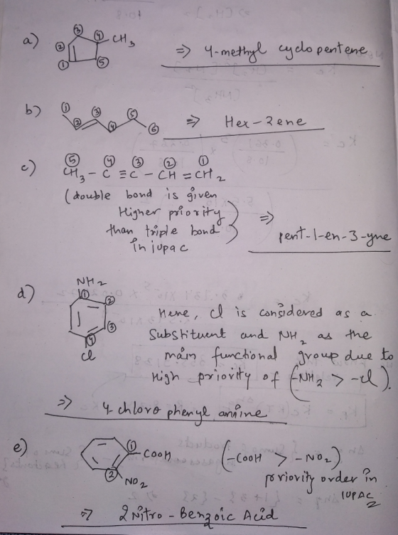 a) penT ene b) Hex-ene 6乡 (double bond İS given than tiple hond tent--en-3-e d) nine, c s cangdeved aa Subshtuent and NHas the maun o h → y. chlova phenyl anone Cooり No (UPAC