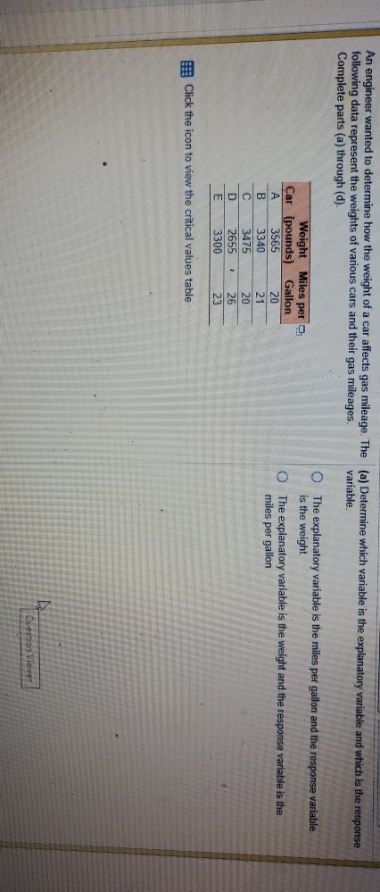 An engineer wanted to determine how the weight of a car affects gas mileage. The (a) Determine which variable is the explanat